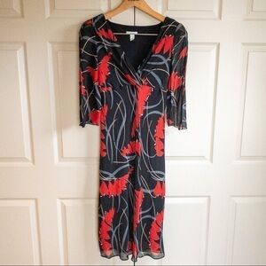 Citrine Dress Black Red Floral Print Midi Long Sheer Ruffle Hem Womens Size 12